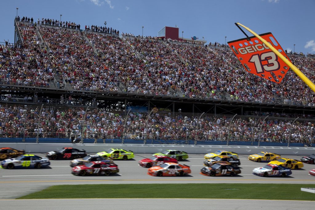 A NASCAR race in progress at the famous Talladega Superspeedway in Talladega, AL.